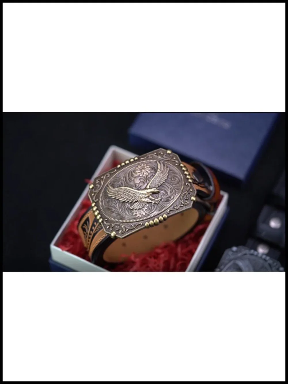 Men's Western Leather Belt with Floral Engraved Buckle, Removable, Adjustable